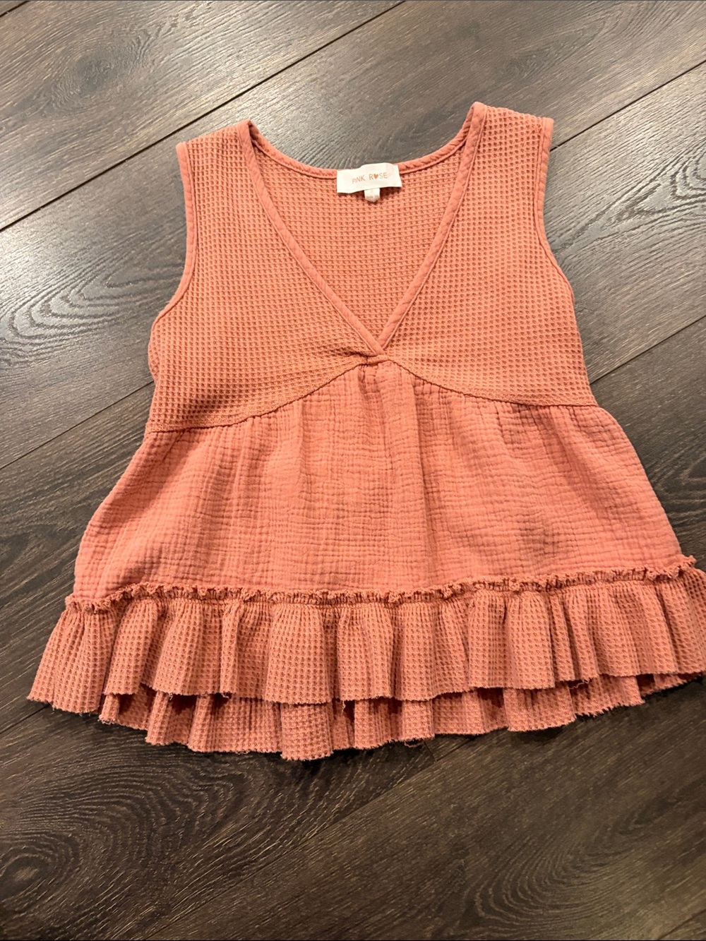 Pink Rose Dusty Coral Textured Tank Top with Ruffle Hem